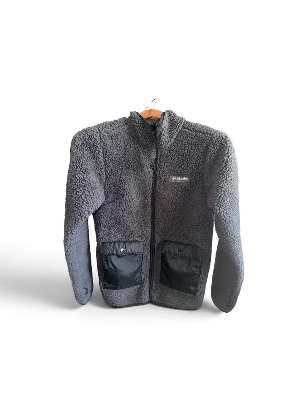 Columbia Women’s XS Gray Sherpa Puffer Jacket with Black Pocket Panels Outdoors